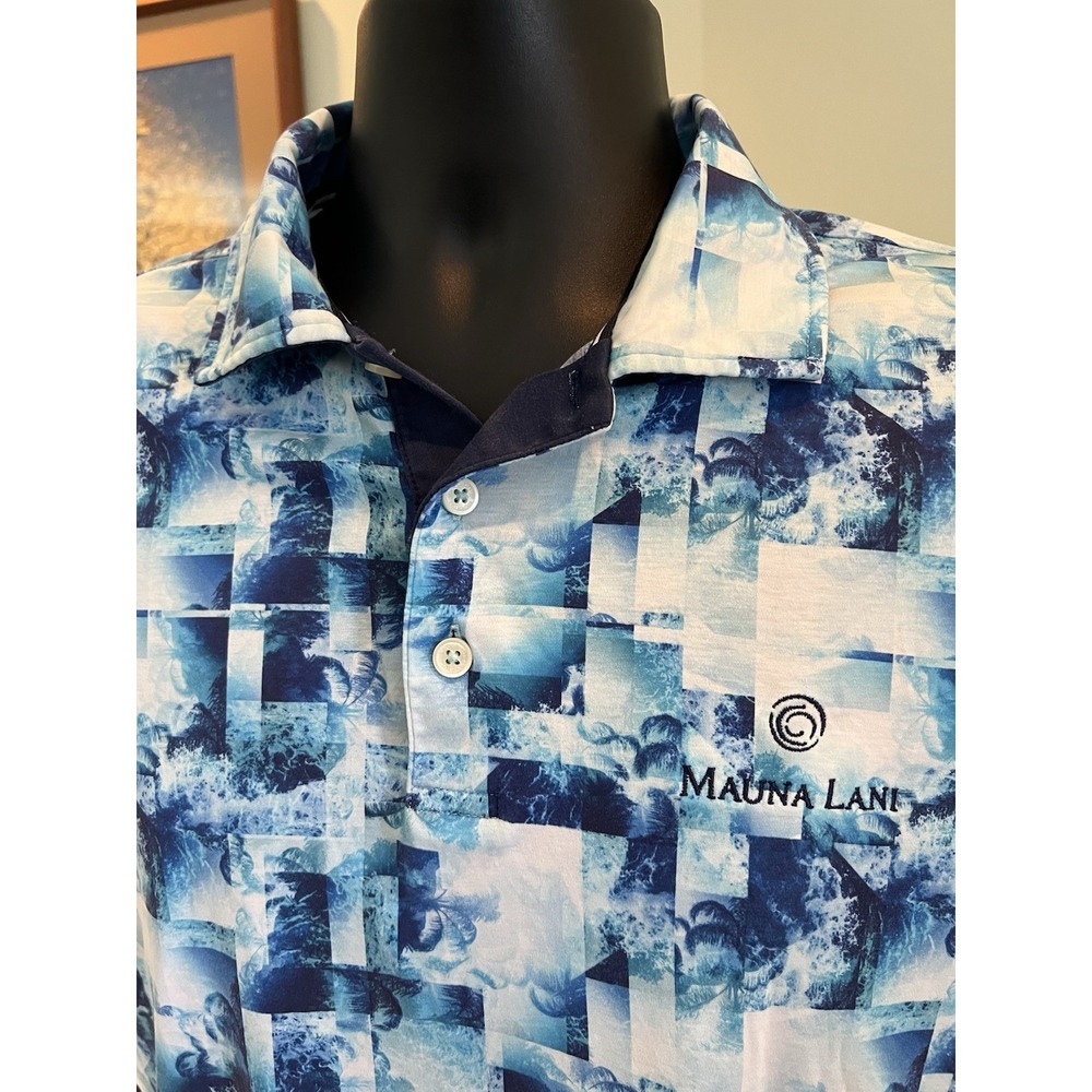 Bugatchi Mens M Polo Abstract Digital Print Blue Short‎ Sleeve Mauna Lani Logo - Picture 2 of 5